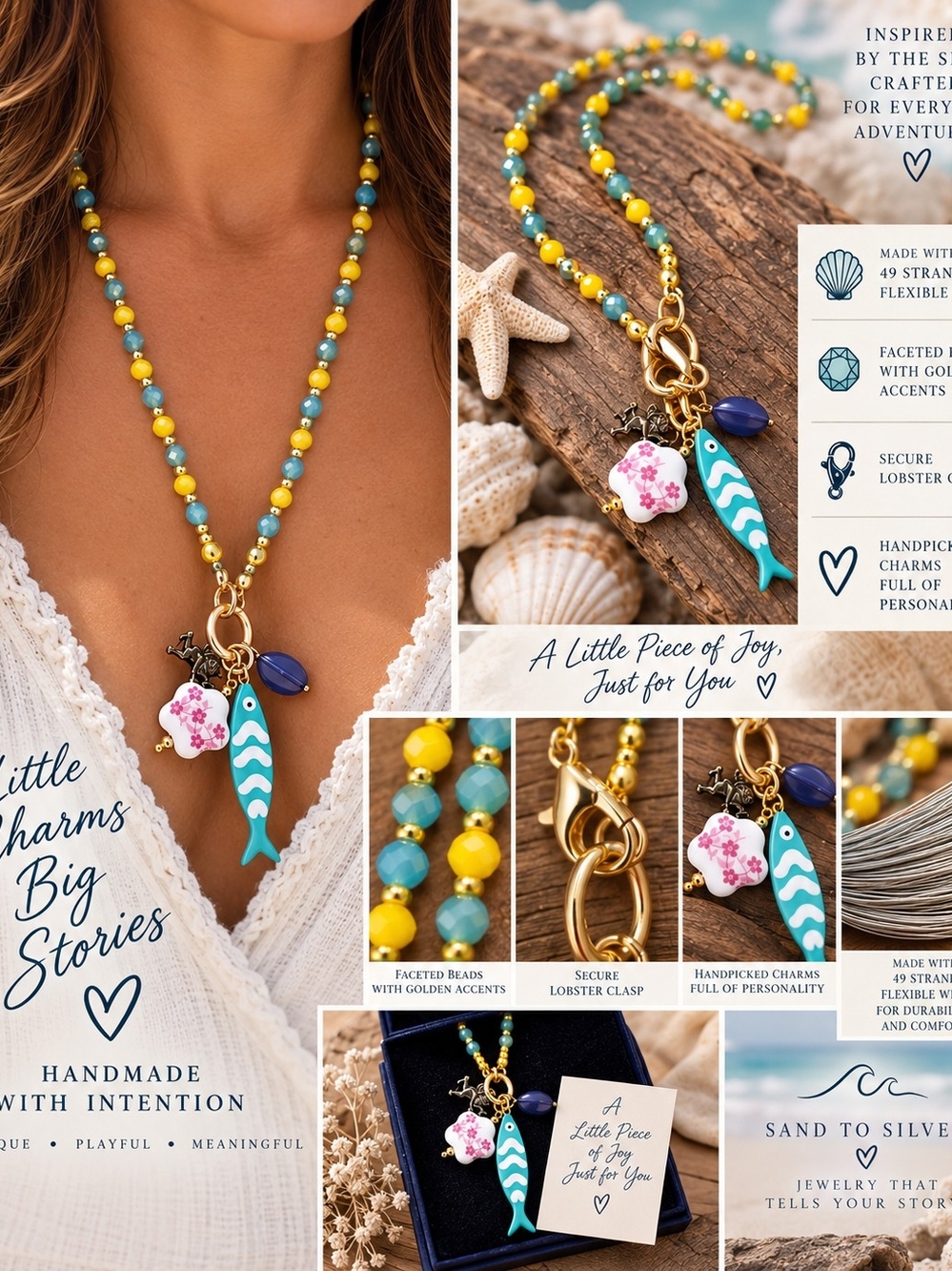 Sand to Silver Handmade Yellow & Teal Beaded Charm Necklace with Fish Pendant